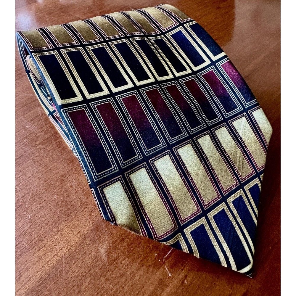 Vintage Bergamo New York Silk Tie Mens Geometric Rectangle Gold Blue Burgundy